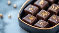 Dark chocolate square bonbons decorated with gold glitter in elegant black box with golden rim on blue background, luxury confectionery close-up shot.