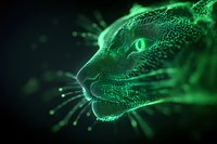 Glowing green feline head with luminescent particles and digital effects against dark background, showcasing futuristic cyberpunk style art concept.
