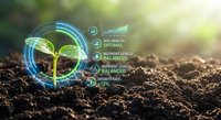 Young green seedling growing from rich soil with digital HUD overlay showing soil health, nutrient levels, and growth rate analytics for smart farming.