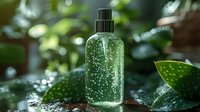 Clear glass bottle with green liquid and bubbles on wet surface surrounded by fresh green leaves in natural light, cosmetic product photography.