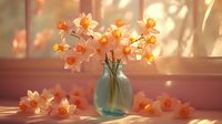 Delicate peach daffodils in turquoise glass vase catching warm sunlight through window, creating romantic spring mood with soft shadows and petals on surface.