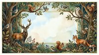 Enchanted woodland border frame with deer, fox, owl, squirrel and forest animals among lush foliage creating magical nature scene for children's books and decor.