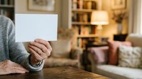 Senior woman holding blank white card in cozy living room with bookshelves and warm lighting, suitable for greeting cards and promotional messaging.