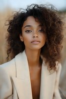 Young African American woman with natural curly hair wearing cream blazer, soft natural makeup and confident expression against blurred outdoor background.