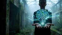 Young African American businessman holding glowing digital tree hologram in futuristic greenhouse environment representing growth and sustainability technology.