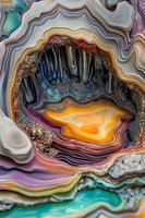 Colorful agate crystal macro photography showing detailed layers of mineral formation with vibrant orange, purple, turquoise and white bands in natural stone texture.