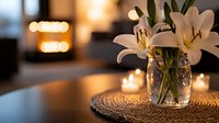 White lilies in mason jar on woven placemat with soft candlelight bokeh creating romantic ambiance, perfect for wellness, spa, and meditation settings.