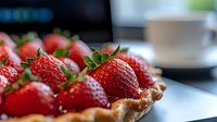 Fresh ripe strawberries arranged in homemade rustic tart with flaky golden crust, macro food photography with selective focus and natural lighting.