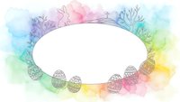 Watercolor Easter frame with decorated eggs and spring branches on white background. Pastel rainbow colors create festive border for holiday designs and greeting cards.