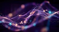 Abstract digital wave with glowing particles and bokeh lights in purple and pink colors on dark background for technology and futuristic design projects.