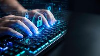 Hands typing on laptop keyboard with glowing cybersecurity lock icons and digital network connections for data protection and online security concepts.