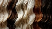 Flowing wavy hair strands in various shades from platinum blonde to deep brown creating natural color gradient texture for beauty salon concepts.