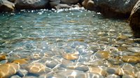 Crystal clear shallow water flowing over smooth river rocks creates mesmerizing light patterns and ripples, capturing natural tranquility in outdoor setting.