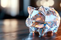 Crystal clear glass piggy bank with geometric faceted design catching light reflections on wooden surface, symbolizing financial savings and investment.