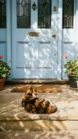 Calico cat resting on sunny doorstep of charming blue front door with decorative glass panels and potted flowers creating cozy home entrance scene.