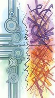 Abstract brain concept with geometric circles and chaotic lines representing logic versus creativity in colorful watercolor style for modern design projects.