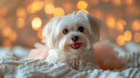 Adorable white Maltese puppy lying on soft blanket with warm bokeh lights in background, showing happy expression with tongue out, creating cozy holiday atmosphere.