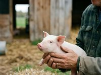 Farmer holding young pink piglet in hands at rural farm barn, agricultural livestock care and animal husbandry practice.