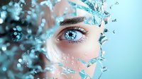 Close up of blue eye with ice crystals and frozen fragments surrounding it, creating magical winter makeup effect against turquoise background. Creative beauty concept.