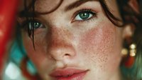 Close-up portrait of young woman with freckles, green eyes, and natural makeup against blurred background, showcasing natural beauty.