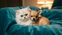 Fluffy white cat and small tan chihuahua sitting together on teal bedding indoors, perfect for pet care, animal companionship, and lifestyle content.
