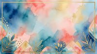 Watercolor abstract background with soft pastel colors, geometric shapes, and decorative botanical elements in corners, suitable for invitations, greeting cards, and design projects.