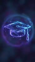 Futuristic neon graduation cap with glowing blue and purple light trails on dark background for education technology concepts.