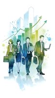 Business team walking forward with growth charts and upward arrows in watercolor style for corporate presentations and marketing materials.