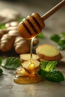 Golden honey dripping from wooden dipper onto fresh ginger slices with vibrant mint leaves, creating appetizing composition for healthy food and wellness concepts.
