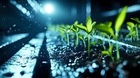 Young green seedlings growing from soil with water drops and sunlight, macro photography showing new life emergence and natural growth process in dark environment.