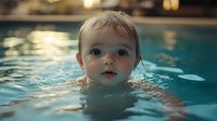 Young child with bright blue eyes swimming in pool during summer evening, water droplets glistening on face in golden hour lighting, creating magical atmosphere.