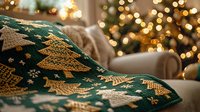 Cozy Christmas throw blanket with festive knitted pattern draped over sofa in warm living room with glowing holiday lights creating seasonal home decor atmosphere.