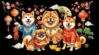 Festive dogs in traditional Chinese New Year outfits, isolated on transparent background. Great for clipart, stickers, t-shirt design, print on demand, and sublimation projects.