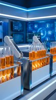 Modern laboratory interior with test tubes containing orange liquid samples in futuristic research facility with digital interface displays and blue lighting.