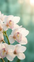 Delicate white orchid flowers with soft pink centers blooming on green stem against blurred turquoise background in natural sunlight for spa and wellness themes.