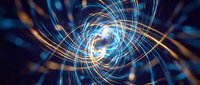 Abstract swirling energy vortex with glowing blue and orange light trails creating dynamic spiral motion against dark background for digital art projects.
