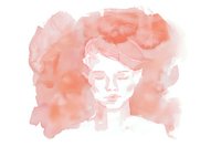 Delicate watercolor portrait of young woman with closed eyes in soft coral pink tones on white background, minimalist feminine art style.