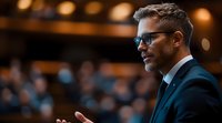 Professional businessman with glasses presenting at corporate conference with warm bokeh lighting background for business presentations.