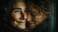 Elderly woman with weathered face and kind eyes embracing younger person in warm intimate moment showing intergenerational love and family connection.