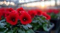Vibrant red petunia flowers in bloom with soft bokeh sunset background, shallow depth of field creates dreamy garden atmosphere. Green foliage adds natural contrast.