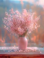 Delicate pink baby's breath flowers in matching ceramic vase against dreamy pastel background, creating soft romantic atmosphere for wedding or home decor.