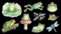 Cute green frogs collection isolated on transparent background. Includes sitting frog, jumping frog, frog faces, frog on mushroom, lily pad frog, snail, dragonfly. Ready for clipart, t-shirt design, stickers, print-on-demand products, sublimation and digital crafts.