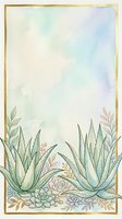 Watercolor succulent and aloe vera arrangement with gold frame on soft pastel background, for cards, invitations, and wall art.