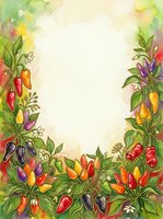 Colorful chili pepper plants with vibrant red, yellow, purple and orange fruits frame a cream center space. Watercolor botanical border with green foliage and soft blended background. Isolated design element for invitations, menus, recipe cards and culinary projects.