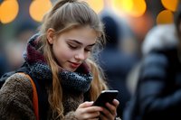 Young woman in warm winter clothing checking smartphone outdoors with blurred bokeh lights in background, expressing contentment and modern lifestyle.