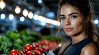 Young woman shopping for fresh vegetables at farmers market with bokeh lights in background creating warm atmospheric evening scene.