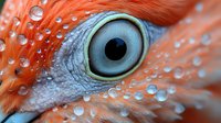 Extreme macro shot of flamingo eye with water droplets on orange feathers. Striking blue iris detail and black pupil captured in sharp focus with artistic composition.