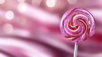 Pink spiral lollipop with sugar crystals on blurred pink bokeh background, sweet candy treat macro photography for confectionery and dessert designs.