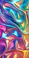 Iridescent holographic fluid waves in vibrant pink, blue, purple and gold create dynamic abstract background with smooth metallic silk-like texture and flow.