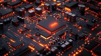 Glowing red microprocessor on dark circuit board with futuristic lighting effects, electronic components and integrated circuits creating modern tech pattern.